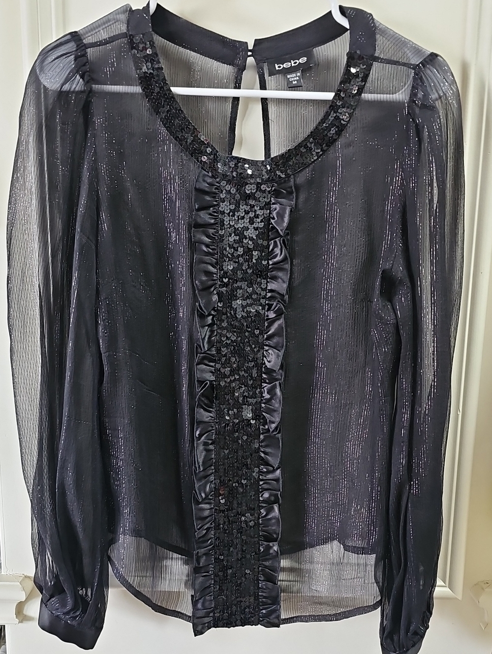 bebe Black Sheer Long-Sleeve Sequin Ruffle Blouse
